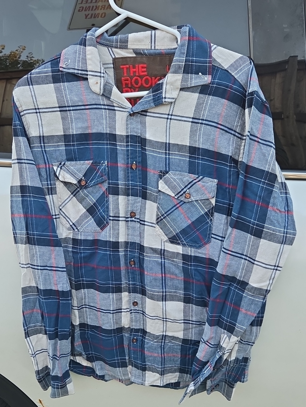 Superdry Men's Blue and White Plaid Button-Down Shirt with Red Accents